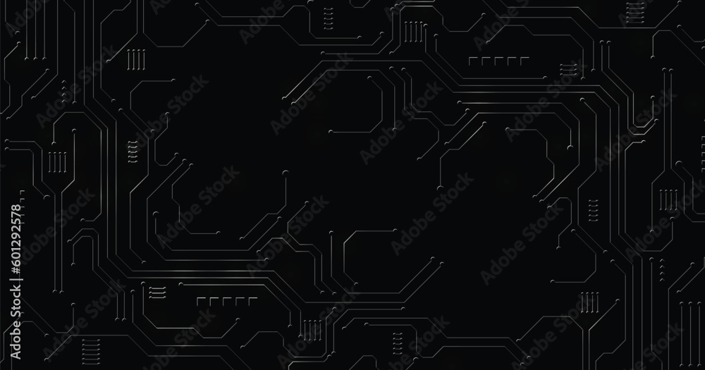 Poster Background of Electric circuit metal black. High-tech circuit board connection system. futuristic digital innovation background.