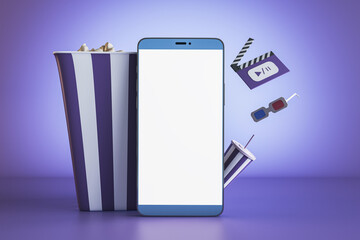Creative purple online movie theater background with mock up smartphone, pop corn and other items. Multimedia application service. 3D Rendering.