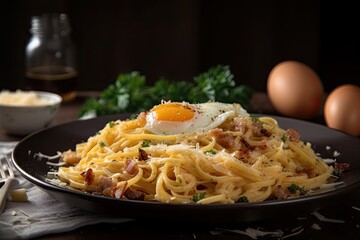 plate of spaghetti carbonara with egg and cheese, ready to be devoured, created with generative ai