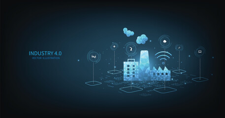 Industrial plants and connections to automation with futuristic elements.Industry 4.0 concept design on dark blue background. Autonomous industrial technology design.	