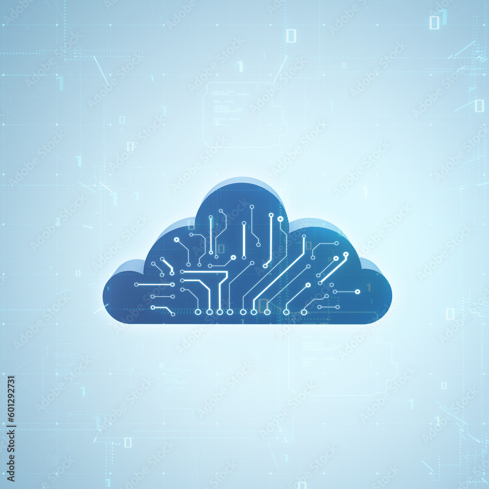 Leinwandbilder Data processing technology, data storage and computing concept with digital blue cloud symbol with circuit scheme on light abstract matrix technological background with binary code. 3D rendering
