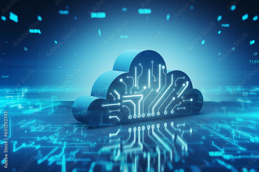 Leinwandbilder Cloud computing and data storage concept with perspective view 3D digital cloud icon with circuit scheme on abstract dark blue matrix technological background. 3D rendering