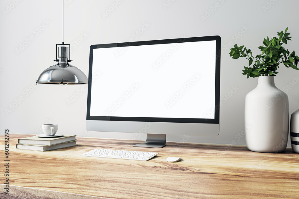 Poster Front view on blank white modern computer monitor with space for web design, web site or landing page on wooden table with white keyboard and white wall background. 3D rendering, mock up