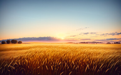 Fototapeta na wymiar a field of wheat under a blue sky with clouds and sun in the background. Generative AI.
