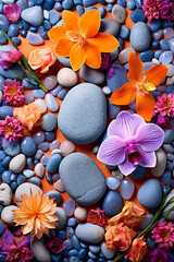 beautiful flowers and stones, atmospheric japanese style spa or massage still, generative ai