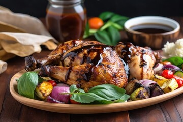 a rustic plate with roasted chicken, fresh vegetables, and a drizzle of balsamic glaze, created with generative ai