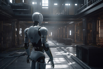 Android overseeing futuristic logistic factory - Generative AI