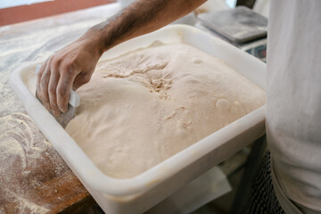 Baker taking dough out of a box