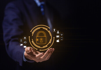 Businessman touching padlock icon on virtual display internet network cyber security concept	
