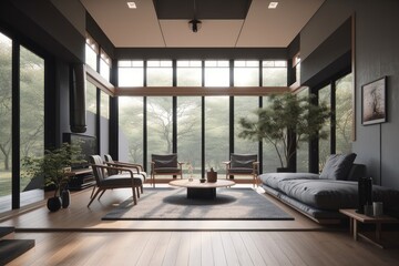 Fototapeta premium modern japanese style interior with sleek and minimalist furniture, floor-to-ceiling windows, and minimalist decor, created with generative ai