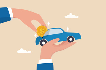 Car leasing or car loan, borrow money to buy new car, rental or auto maintenance cost, debt, purchase or buy new vehicle concept, businessman hand owner put dollar money coin into new car.