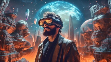 Fototapeta na wymiar A man wearing virtual reality glasses is shown against the backdrop of a fantasy world, possibly exploring or gaming AI generated.
