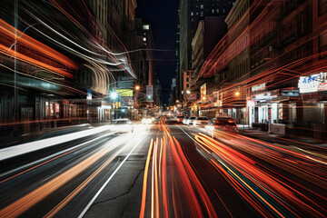 Long exposure. view of the city, lines of lamps of cars.