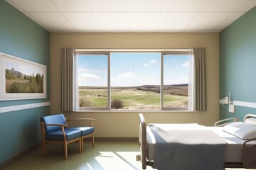 Fototapeta premium hospital room, with view of rolling hills and blue sky for a peaceful setting, created with generative ai