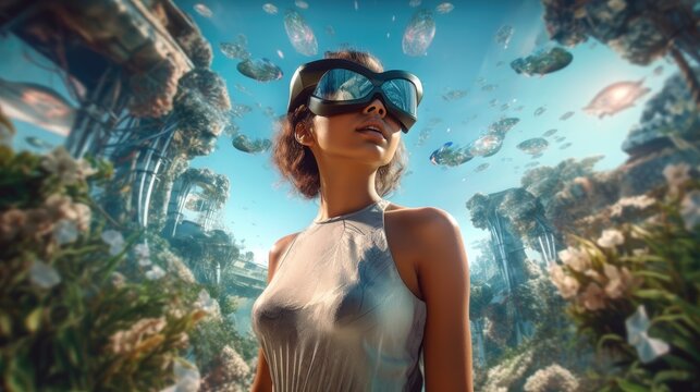 A woman wearing virtual reality glasses is shown immersed in a fantastical virtual world. AI generated.