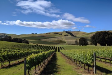 Fototapeta na wymiar vineyard with rows of vines, surrounded by rolling hills and blue sky, created with generative ai