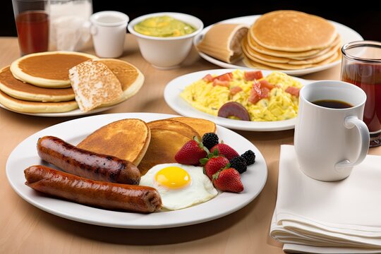 a mixed plate of savory breakfast foods: eggs, sausage, and pancakes, created with generative ai