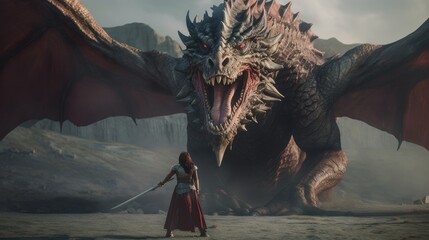 woman armor and cloak, stands confidently, her sword and shield at ready, she prepares to face massive dragon. dragon in background, its sharp teeth and powerful wings ready for battle. AI generated. © Valeriia