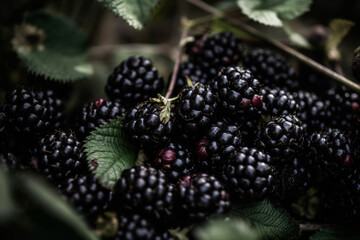 Fresh ripe blackberry fruits, local market produce. Close up view. Generative AI