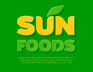 Naklejka premium Vector advertising Poster Sun Foods. Green sticker Font. Modern Bright Alphabet Letters and Numbers set