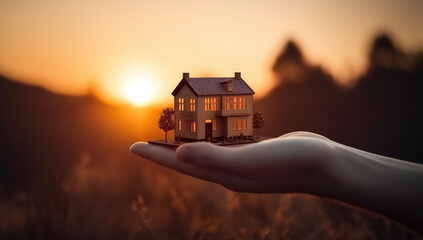 My precious home on the hands of a happy family and real estate investment and housing architecture and sunset background, Generative AI