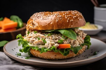 tuna salad sandwich on toasted bagel with plenty of veggies and light spread, created with generative ai