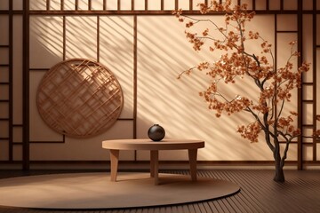 Wooden Table Top with Dried Tree Branch and Leaf on Japanese Lattice Frame Wall, Ai generative