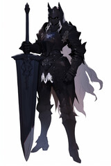 暗黒騎士(ダークナイト、ブラックナイト、シャドウナイト)の女性キャラクターの全身イラスト(AI generated image)