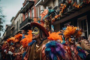 mardi gras parade, with floats and costumes, making its way through the streets, created with generative ai - obrazy, fototapety, plakaty