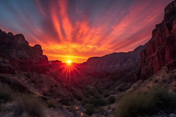 fiery canyon sunset, with view of the sun setting behind a silhouette of towering peaks, created with generative ai