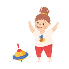 Happy preschool little girl playing whirligig humming toy cartoon vector illustration