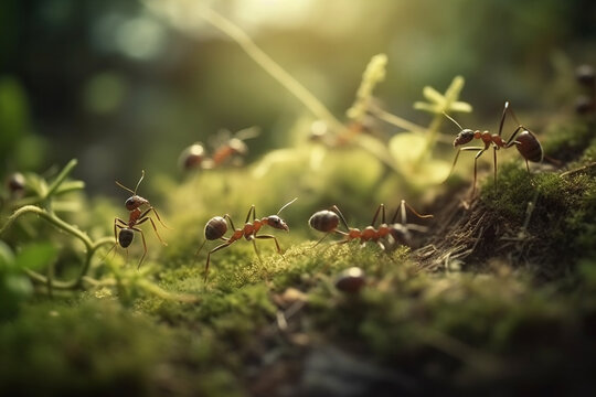 Group of ants, close up macro view. Generative AI