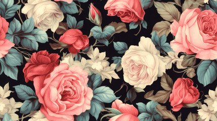 vintage flower pattern rose black background tiled  AI generative  - obrazy, fototapety, plakaty