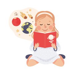 Cute little girl sitting on floor and reading book about space cartoon vector illustration