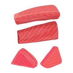 Vector illustration of fresh raw salmon, trout, tuna fillet. Fresh delicious seafood meat cartoon drawing for digital resources.
