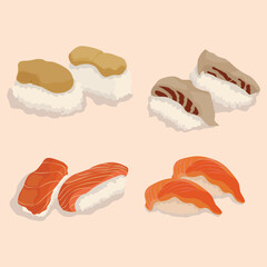 Vector illustration nigiri sushi set on pastel color background. Nigiri, Sushi, Salmon, Tuna, Shrimp, Avocado Japanese Food. Delicious japanese culinary