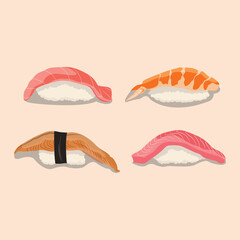 Vector illustration nigiri sushi set on pastel color background. Nigiri, Sushi, Salmon, Tuna, Shrimp, Avocado Japanese Food. Delicious japanese culinary
