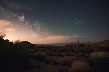 night sky with shooting stars and desert landscape in the background, created with generative ai