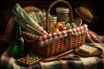 picnic basket filled with picnic essentials and blanket for two, created with generative ai