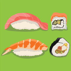 Vector illustration of sushi set nigiri, rolls served in traditional Japan. Asian food, sushi, rice, fish, avocado, shrimp isolated