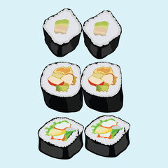 Vector illustration of sushi set nigiri, rolls served in traditional Japan. Asian food, sushi, rice, fish, avocado, shrimp isolated