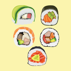 Vector illustration of sushi set nigiri, rolls served in traditional Japan. Asian food, sushi, rice, fish, avocado, shrimp isolated