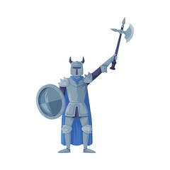 Medieval armored knight in horned helmet standing with poleaxe raised vector illustration