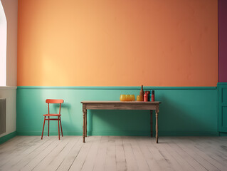 Colorful retro interior empty wall background mock-up with table mid century style modern vintage decorative AI Generative