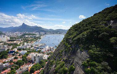 Landscape of Rio de Janeiro. Beautiful panoramic photo with this city from Brazil and its landmarks during a sunny day with blue sky and white clouds. View from Sugar Loaf mountain.