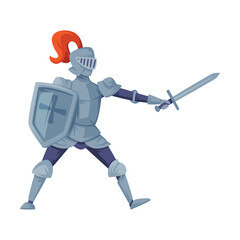 Medieval kingdom armored knight. Chevalier attacking with sword and shield vector illustration