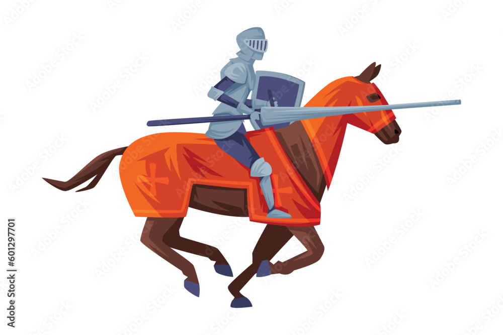 Poster Medieval armored knight riding horse. Knight with sword in his hands preparing to strike in joust vector illustration