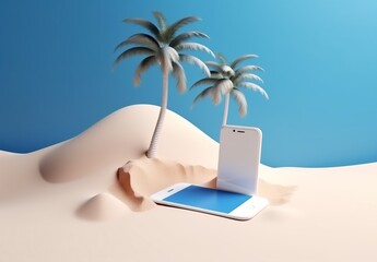 sand creative sea concept cyber holiday mock phone summer palm up. Generative AI.