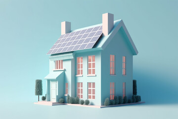 Small blue house with solar energy panels on roof. 