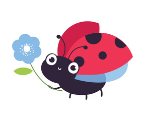 Cute ladybug with flower. Funny little ladybird insect cartoon vector illustration